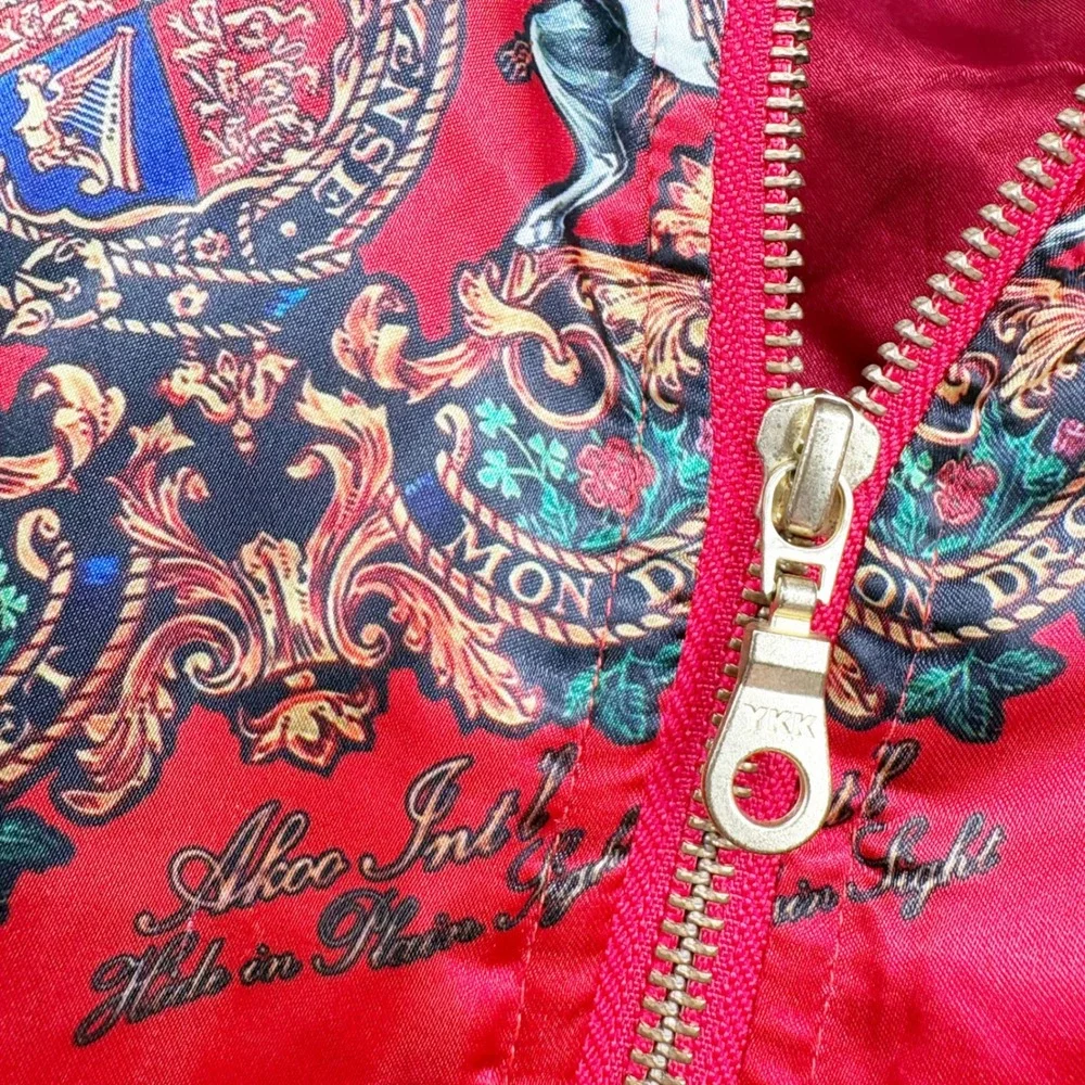 AKOO Mens Rare Red Satin Heraldic Crest Royal Streetwear Bomber Jacket Size XXL